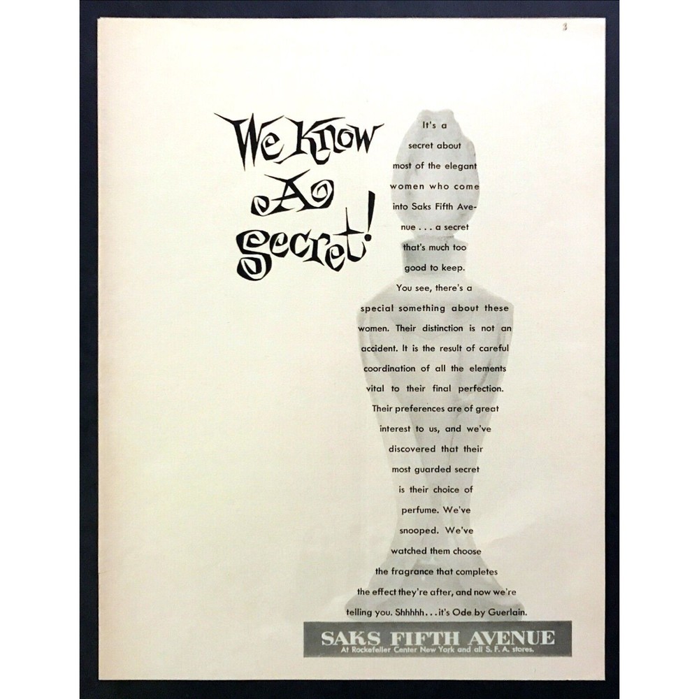 1958 Ode by Guerlain Perfume Bottle photo "We Know a Secret" vintage print ad